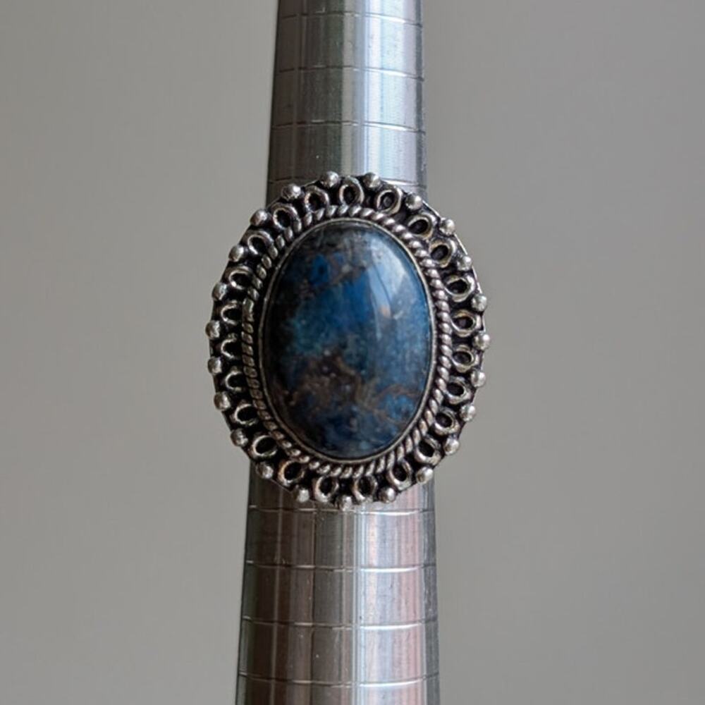 Blue Swirl Oval Sterling Silver Ring Retro Vintage Boho Natural Stone Size 6.75